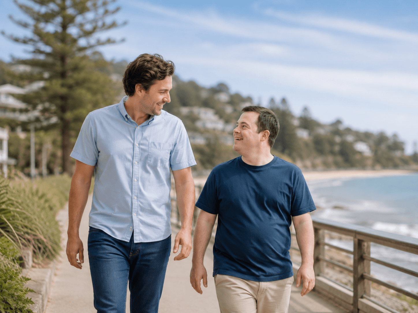 Two men laughing together while walking along a coastal boardwalk