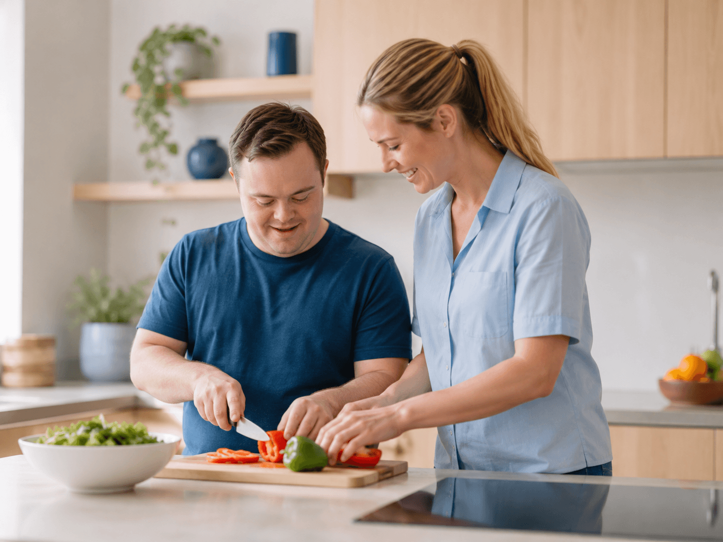 A support worker and participant preparing vegetables together in a kitchen