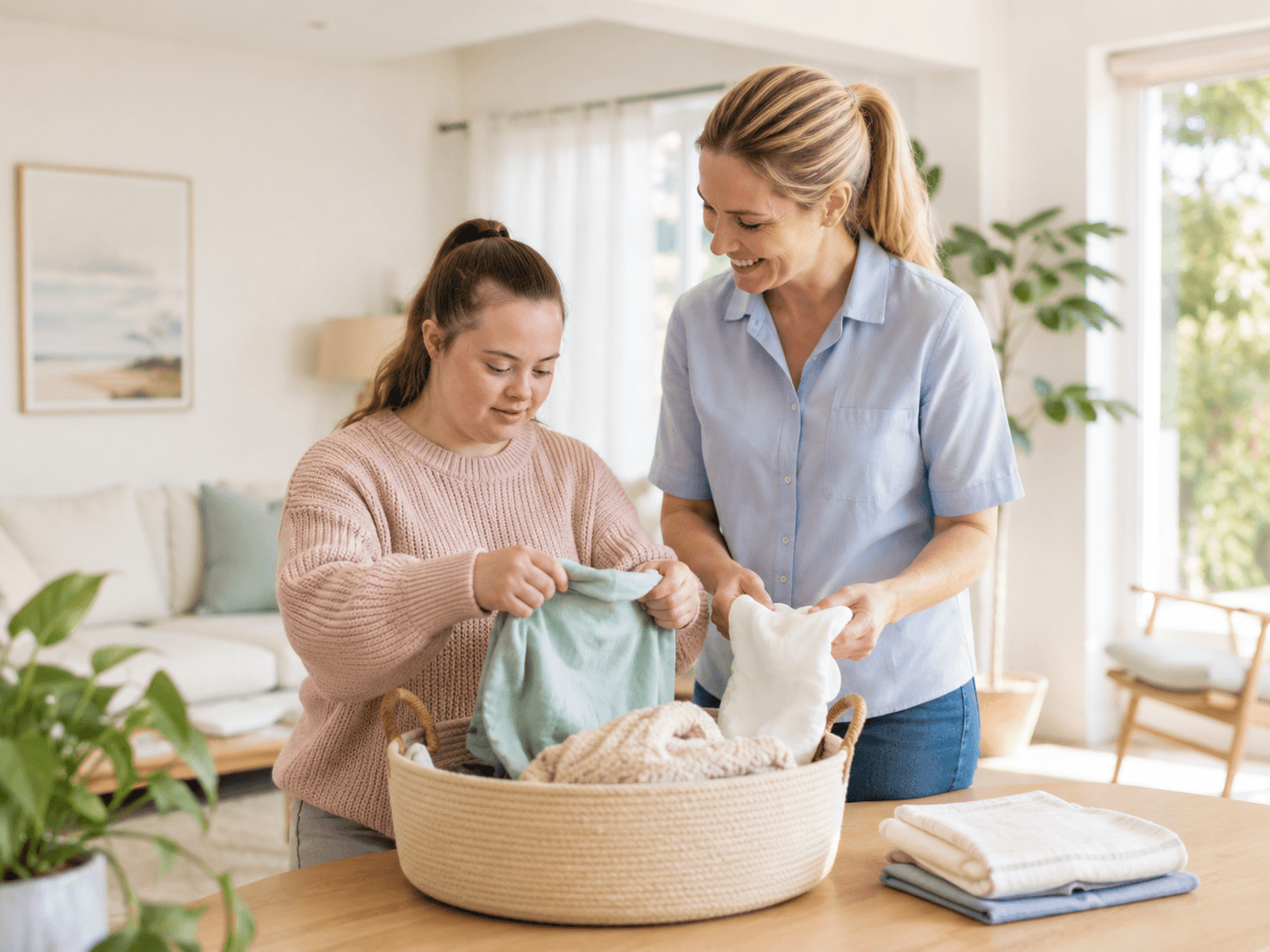 A support worker and participant folding laundry together at home