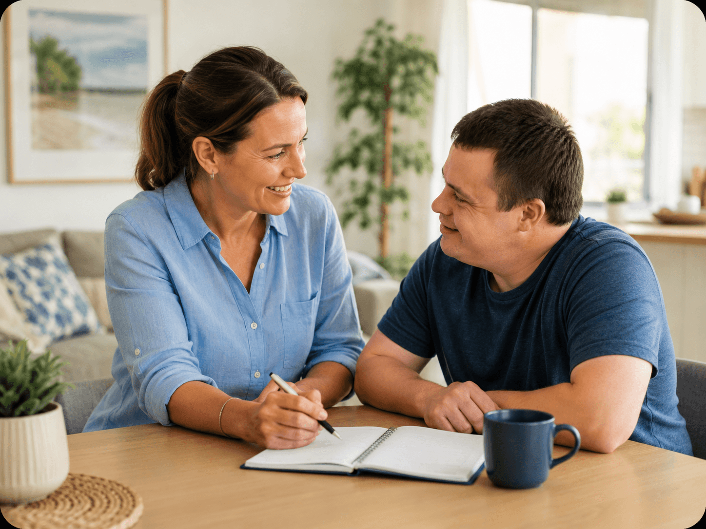 A support worker and participant smiling together over a notebook at a kitchen table